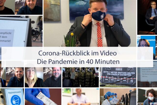 Collage Corona Bürgermeister mit Maske und Gesprächspartner