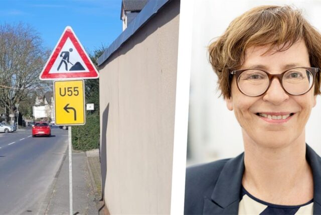 Collage: links ein Bau- und Umleitungsschild in Dortmund-Oespel, rechts DEW21-Sprecherin Gabi Dobovisek.
