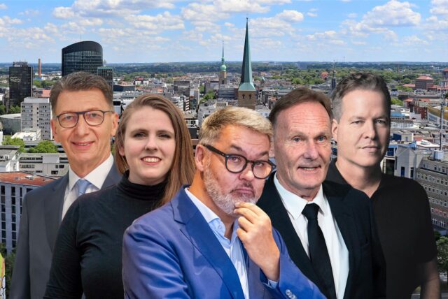 Sie gehören zu Dortmunds einflussreichsten Menschen (v.l.): Noch-Signal-Iduna-Chef Ulrich Leitermann, Grünen-Fraktionschefin und OB-Kandidatin Katrin Lögering, Oberbürgermeister Thomas Westphal, BVB-Boss Hans-Joachim Watzke und Wilo-Chef Oliver Hermes.