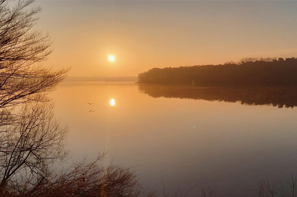Sonnenaufgang mit tief stehender Sonne über dem Halterner Stausee im März 2025 in Haltern