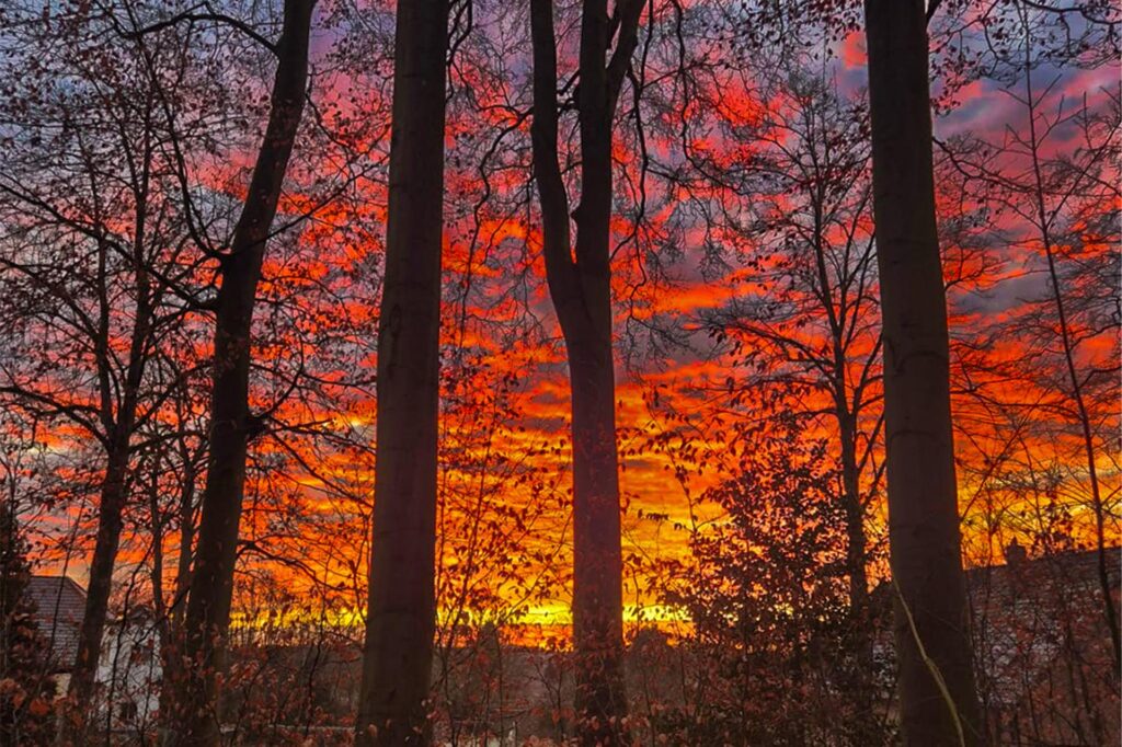 Sonnenaufgang am Annaberg in Haltern am See im März 2025 mit brennendem Himmel durch stark angestrahlte Wolken von der aufgehenden Sonne