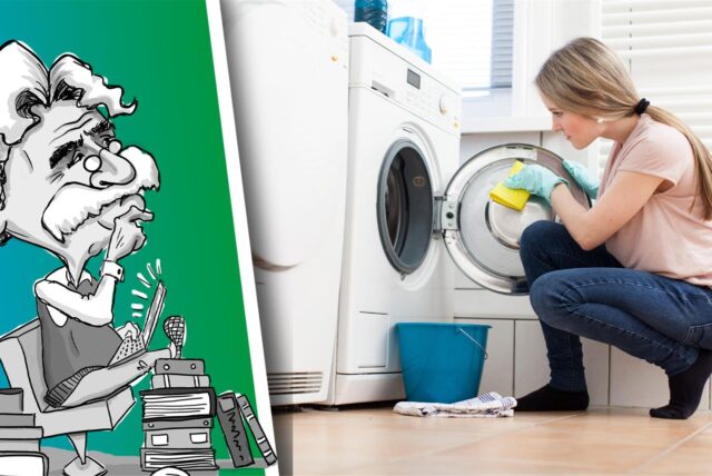 Frau putzt eine Waschmaschine.