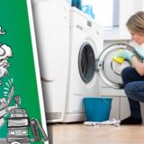 Frau putzt eine Waschmaschine.