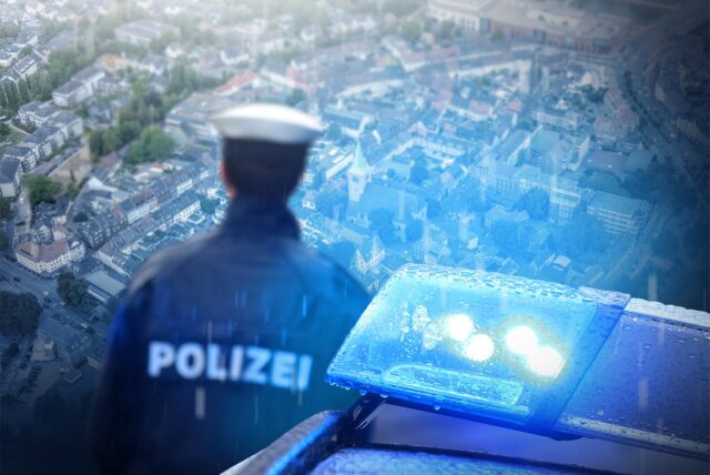 Die Montage zeigt Blaulicht und einen Polizeibeamten, der von oben auf die Stadt Dorsten blickt