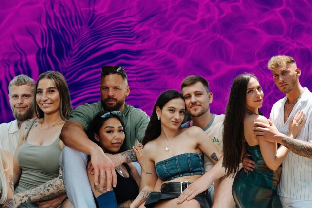 Diese fünf Paare sind 2025 bei „Temptation Island“ dabei: (v.l.) Enrico und Saskia, Patrick und Natalie, Hillary und Jamy, Raffaela und Jeremy, Danka und Kevin