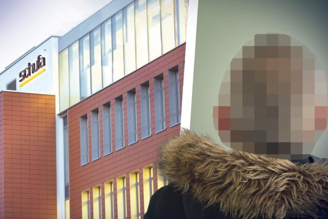 Das Schufa-Gebäude von außen, rechts ist Mehmet Dogan zu sehen, der unkenntlich gemacht ist, weil er anonym bleiben will.