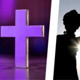 Eine Collage: links im Bild ein Kreuz, rechts im Bild die Silhouette von Justitia.