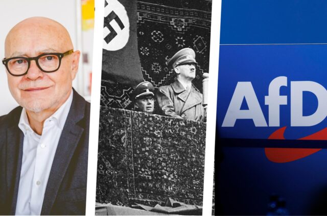 Montage von Porträt Udo Di Fabio, historisches Scharz-weiß-Bild von Adolf Hitler, Logo der AfD