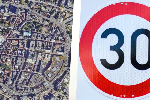 Die Bildkombi zeigt ein Luftbild der Altstadt und ein Tempo-30-Schild.