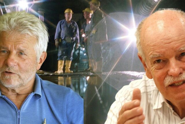 Werner Engelhardt (l.) und Werner Grigo von der RAG in einer Fotomontage vor einem Bild – untertage mit Bergleuten, die vor einer Wasserfläche stehen.