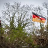 Deutschland-Flagge mit Bananenmotiv über Kleingarten in Westrich.