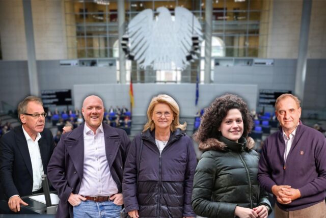 Bild-Collage der fünf Personen vor einem Bild des Bundestags