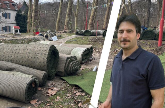 Achmet Gül steht an seiner Minigolf-Anlage. Im Hintergrund sieht man Rollrasen.