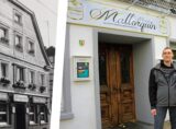 Montage: links eine historische Schwarz-Weiß-Fotografie des Bürgerhofs in Recklinghausen, rechts Theo und Teresa Meints, die dort 2019 ihr „Hotel Restaurant Meints4You im Bürgerhof“ eröffneten.
