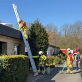 Feuerwehrleute kletterten mit Steckleitern auf das Dach eines Bungalows in Dorsten, um einen Brand zu löschen.