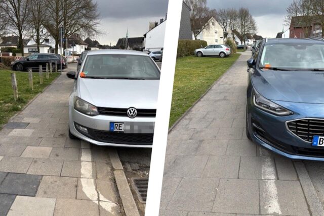 Eine Leserin schickte uns zwei Fotos von der Parklage an der Lambertstraße. Hier stehen Fahrzeuge ein paar Zentimeter über der auf dem Gehweg aufgemalten Linie.