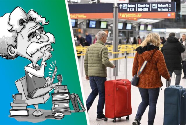 Flugreisende auf dem Weg zum Terminal.