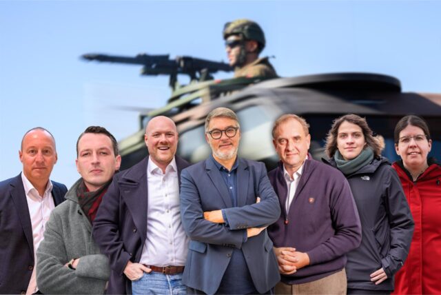 Collage der Befragten vor einem Bild eines Bundeswehr-Soldaten mit Gewehr