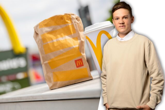 Montage zeigt links ein Symbolbild von McDonald’s-Tüten, die vor einer McDonald’s-Filiale stehen, rechts den Vorsitzenden des Waltroper Kinder- und Jugendparlaments (KiJuPa) Drake Meinhardt, der eine Petition für eine Filiale des Fast-Food-Riesen in Waltrop inittiert hat.