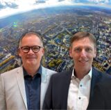 Montage von Porträts der beiden Gutachter vor einem Luftblick DOrtmunds