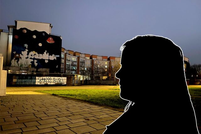 Schattenriss einer jungen Frau vor dem Hintergrund der Planetensiedlung Marl