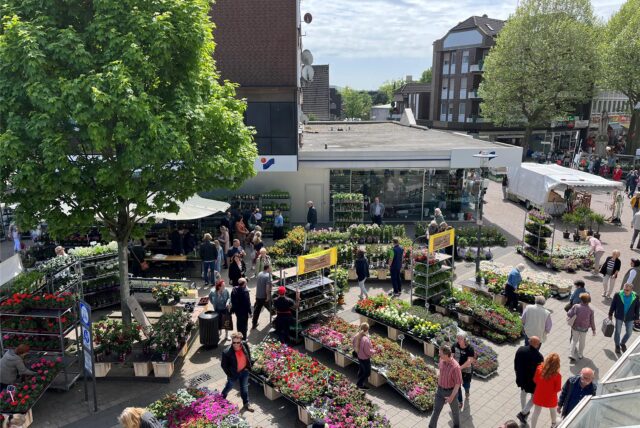 Besucher gehen auf dem Blumenmarkt in Herten zwischen den Ständen her.