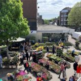 Besucher gehen auf dem Blumenmarkt in Herten zwischen den Ständen her.