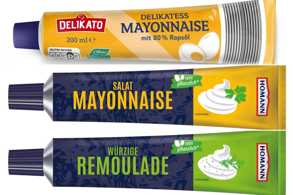 Tuben der Mayonnaise und Remoulade von Delikato und Homann, die von einer Rückrufaktion betroffen sind. Tuben der Mayonnaise und Remoulade von Delikato und Homann, die von einer Rückrufaktion betroffen sind.