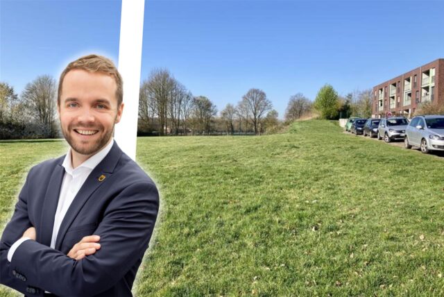 Die Kombo zeigt Bürgermeister Marcel Mittelbach neben dem Gelände für die geplante Kita Hilberstraße.