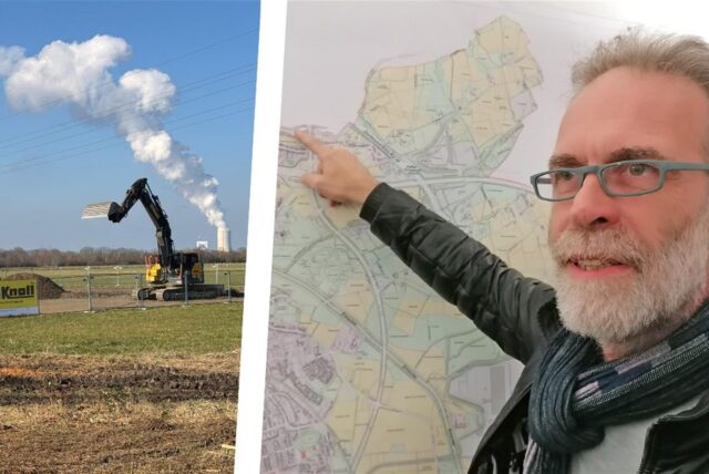 Bildkombo: links ein Bagger auf dem Baufeld Im Dicken Dören, rechts Heinz Aarsen.