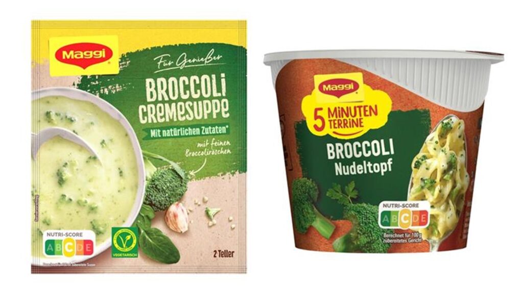Eine Tüte der Broccoli-Cremesuppe und ein Becher der 5-Minuten-Terrine von Maggi, die beide von einer Rückrufaktion betroffen sind. Eine Tüte der Broccoli-Cremesuppe und ein Becher der 5-Minuten-Terrine von Maggi, die beide von einer Rückrufaktion betroffen sind.