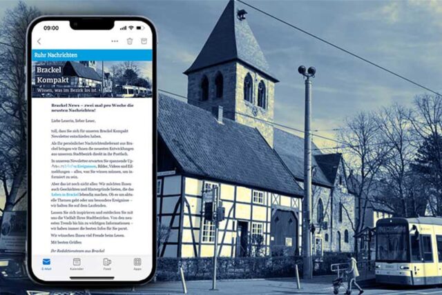 Der neue Newsletter für den Stadtbezirk Brackel auf einem Handy-Screenshot vor der Kulisse des Brackeler Ortskerns.