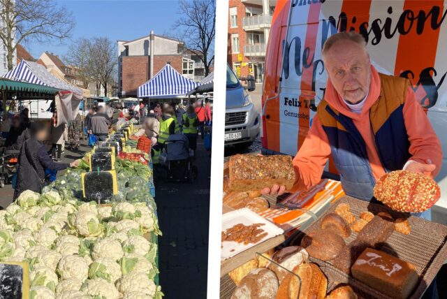 Ein Blick auf den Wochenmarkt und einen Brothändler in Marl-Hüls.