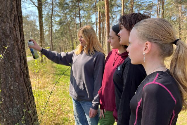 Mädchen markieren in der Hohen Mark in Dorsten einen Baum