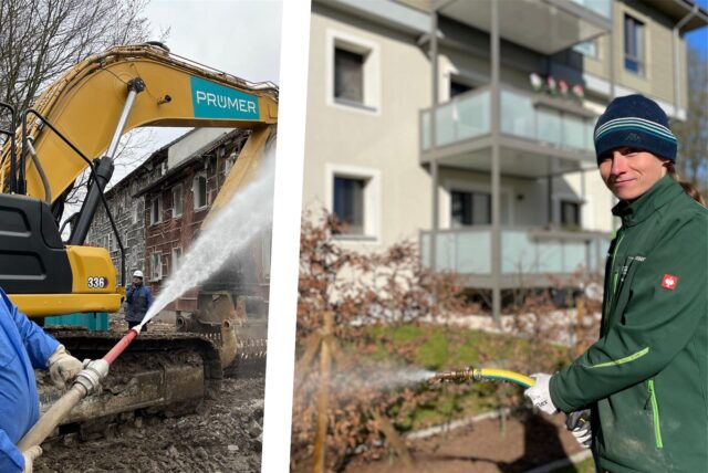 Ein Mitarbeiter des Abrissunternehmens Prümer bewässert im Januar 2023 Häuser, die im Walkmühlenweg in Huckarde abgerissen werden; ein Gärtner gießt im Walkmühlenweg vor den Häusern, die Vivawest frisch saniert hat, Blumen.