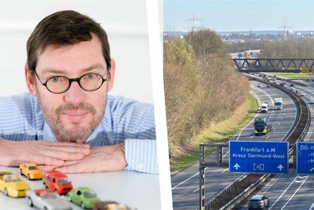 Bildkombo: links Michael Schreckenberg, rechts die A45 in Höhe Dortmund-Hafen.