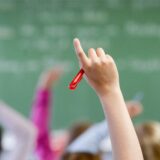 Schüler zeigen im Unterricht auf.
