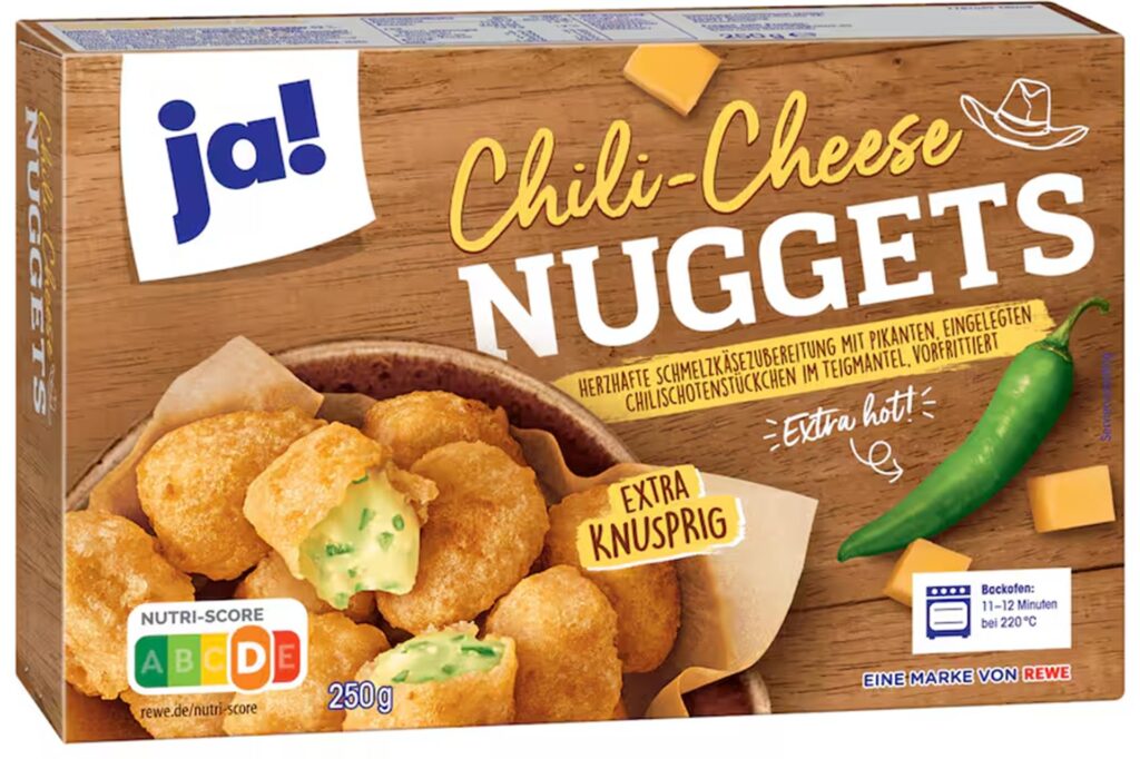 Eine Packung der Chili Cheese Nuggets von ja!, die bei Rewe verkauft wurden und für die aktuell eine Rückrufaktion läuft. Eine Packung der Chili Cheese Nuggets von ja!, die bei Rewe verkauft wurden und für die aktuell eine Rückrufaktion läuft.