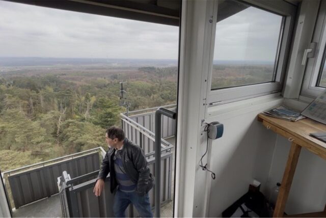 Mann auf einem Feuerwachturm blickt in den Wald