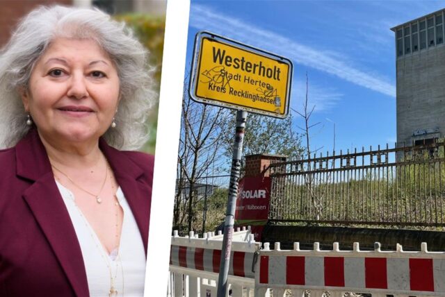 Links das Porträtfoto von Hertens Stadtbaurätin Janine Feldmann, rechts das Ortseingangsschild nach Westerholt vor einer Baustellenabsperrung und einem Turm des ehemaligen Bergwerks Lippe.