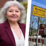 Links das Porträtfoto von Hertens Stadtbaurätin Janine Feldmann, rechts das Ortseingangsschild nach Westerholt vor einer Baustellenabsperrung und einem Turm des ehemaligen Bergwerks Lippe.