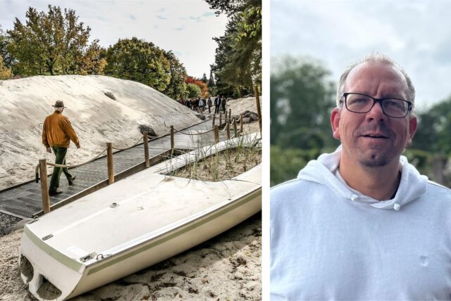Das Bild zeigt eine zusammengesetzte Aufnahme. Auf der linken Seite ist ein Dr. Patrick Knopf mit Brille und hellem Kapuzenpullover zu sehen, während die rechte Seite einen Sandweg mit Vegetation und Dünen zeigt.