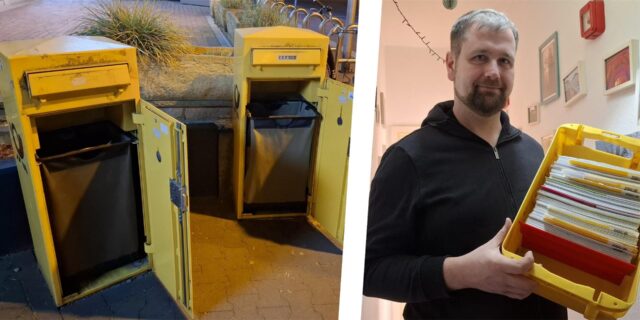 Montage zeigt links geöffnete Briefkästen, rechts das Ratsmitglied Björn Jadzinski mit einer gefundenen Briefkiste in seiner Wohnung in Waltrop.