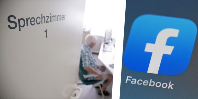 Montage zweier Symbolbilder zeigt links einen Patienten in einer Arztpraxis, rechts das Symbol der Facebook-App.