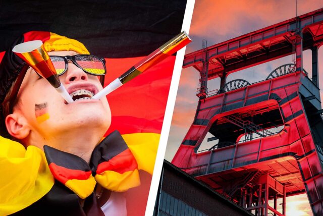 Das zweigeteilte Bild zeigt links einen Fan bei der Fußball-EM 2024 mit Brille, Kopfbedeckung und Fliege in den deutschen Nationalfarben vor einer Deutschland-Flagge und rechts den Doppelbock-Förderturm der Zeche Ewald in Herten im Abendrot.