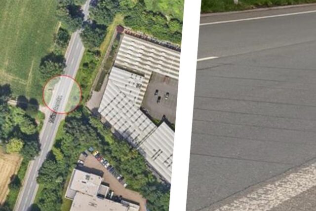 Links ist ein Luftbild der Münsterstraße in Haltern, auf dem der Ort der Messung rot gekennzeichnet ist. Rechts ein Straßenstück mit der Induktionsschleife im Asphalt.