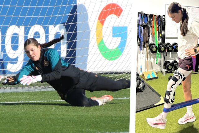 Montage von einer Trainingszene beim DFB und Sophia Winkler in der Rehe