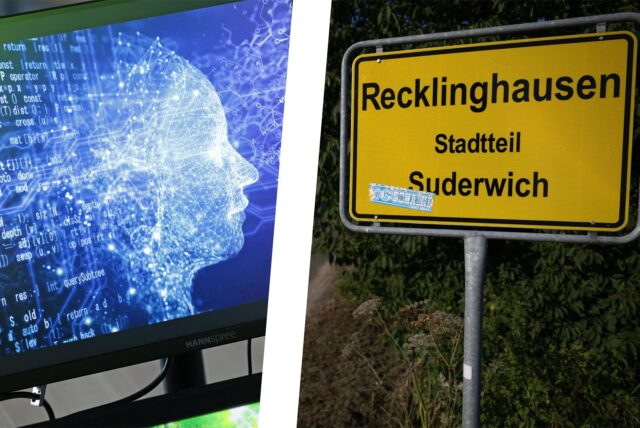 Eine Collage aus Computer und Stadtschild Recklinghausen.