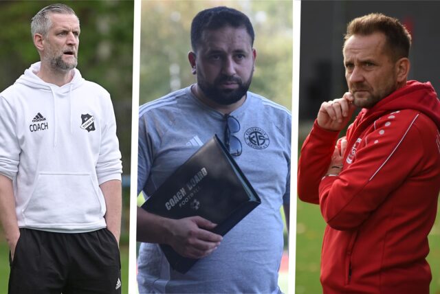 Bildmontage: Die Fußballtrainer Thomas Synowczik, Selcuk Civelek und Sebastian Skiba.