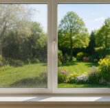 Vorher-Nachher-Bild eines Fensters vor und nach dem Putzen. Mit Garten im Hintergrund.